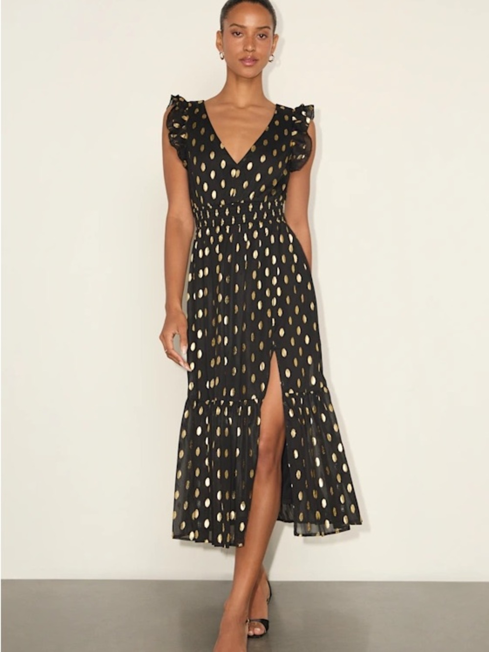 Lulus Black and Gold Dot Ruffled Tiered Midi Dress